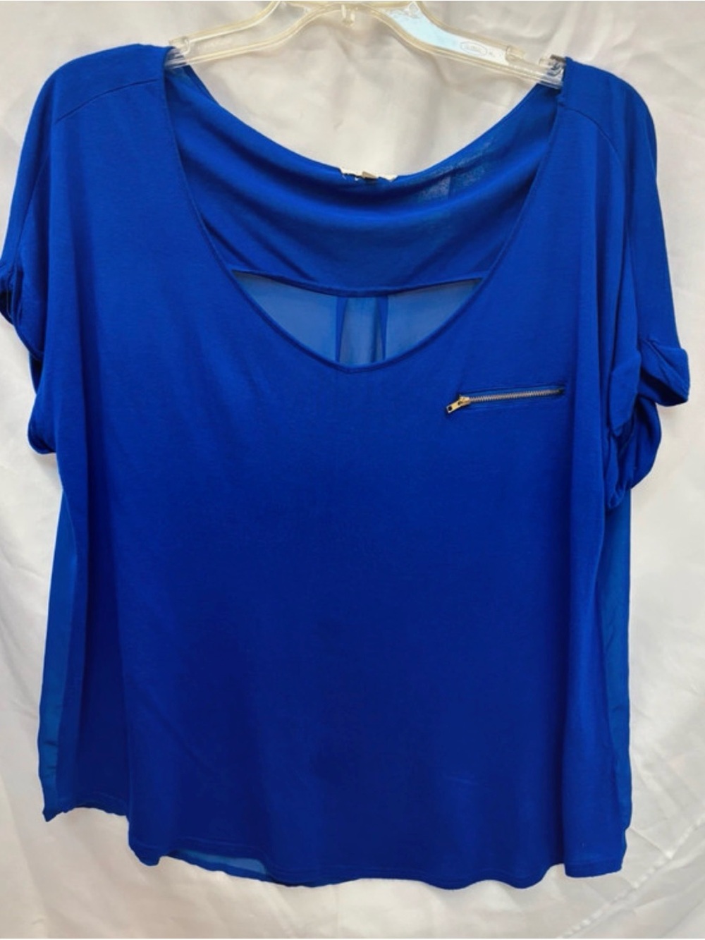 Women's Sapphire Blue Short Sleeve Blouse with Zip Accent